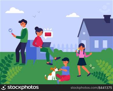 Family spending leisure time together in garden. Parents, kids, dog, using gadgets flat vector illustration. Communication, working at home concept for banner, website design or landing web page