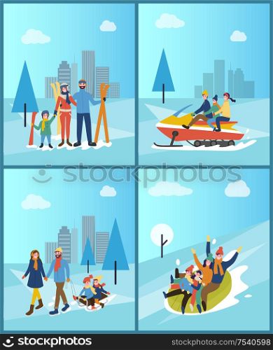 Family spending time in city, town wintry park set vector. People going downhill on tube, skiing and snowmobiling, mother and father with children. Family Spending Time in City Town Wintry Park Set