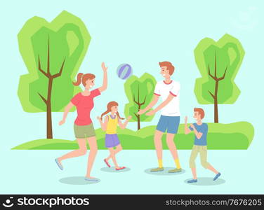 Family spending time in summer park playing with ball, leisure, kids, mother, father have fun, recreation, mom, dad and kids play active game, playtime, relationships of parents and children. Family spending time in summer park playing with ball, leisure, kids, mother, father have fun