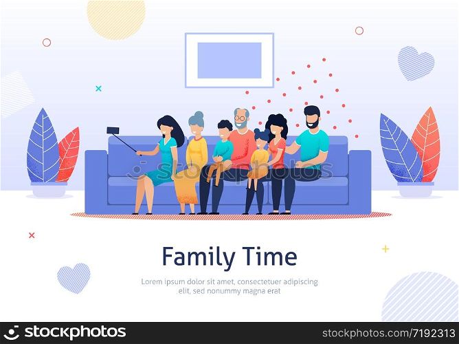 Family Spending Time Sitting on Sofa and Taking Photo Together Banner. Grandparents and Parents Holding Small Boy and Girl Vector Illustration. Happy Male, Female Characters in Living Room.