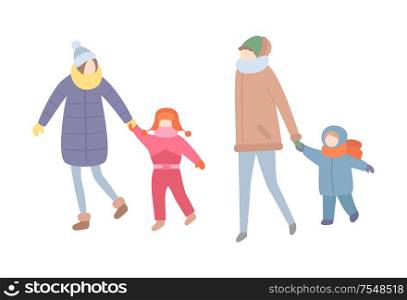 Family spending time together, winter season activity vector. Mother holding hands of son and daughter, mom and kid wearing warm clothes wintertime. Family Spending Time, Winter Seasonal Activity