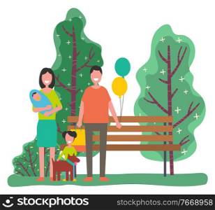 Family spending weekends together, man and woman with newborn child and little daughter hugging pet in spring park. Summer forest with greenery of trees. Vacation of parents, vector in flat style. Family of Mother Father Children in Summer Park