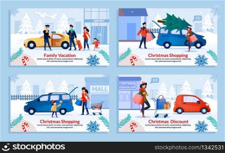 Family Spending Winter Holidays Flat Banner Set. Cartoon Poster with Happy Parents and Children, Married Couple and Lonely Lady Buying Xmas Gifts and Fir Tree, Travelling. Vector Illustration. Family Spending Winter Holidays Flat Banner Set