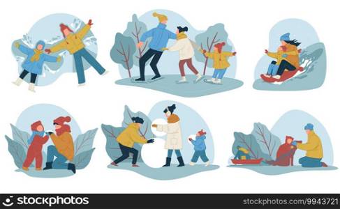 Family spending winter holidays or weekends outdoors. Leisure in wintertime, figure skating on ice rink, making snow angels and building snowman. Sloping from hill on sledge. Vector in flat style. Winter season weekend of family wintertime leisure