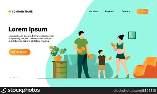 Family sport activity concept. Parents and child lifting weight, exercising with dumbbells at home. Vector illustration for quarantine, body training, indoor workout topics