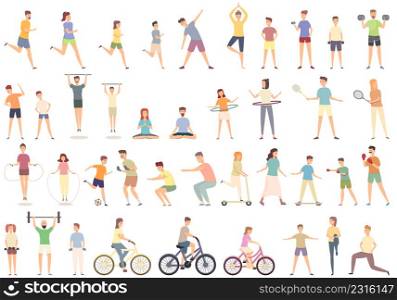 Family sport activity icons set cartoon vector. Home exercise. Sport workout. Family sport activity icons set cartoon vector. Home exercise