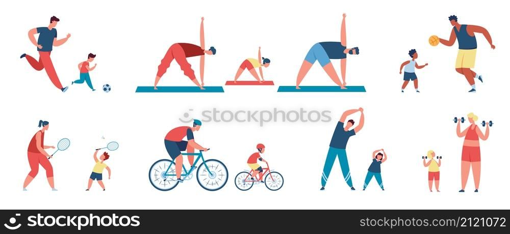Family sport activity, parents with children exercise together. Father and son playing football, riding bikes, active families vector set. Mom, dad and daughter practicing yoga, having leisure. Family sport activity, parents with children exercise together. Father and son playing football, riding bikes, active families vector set