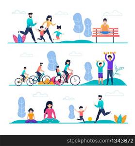 Family Sport and Outside Activity Flat Cartoon Set. Mother, Father, Son, Daughter Jogging, Cycling, Playing with Ball, Exercising with Dumbbells, Meditating or Doing Yoga Exercise. Vector Illustration. Family Sport and Outside Activity Flat Cartoon Set