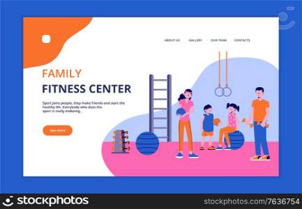 Family sport concept banner for website landing page with clickable links buttons people and gymnastic apparatus vector illustration