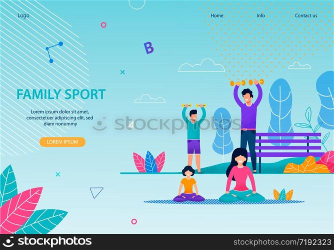 Family Sport Conceptual Banner Flat Template Mother Father Son Daughter Doing Exercises Park Landscape Girls Breathing Meditating Boys Lifting Weights Vector Illustration Healthy Active Lifestyle. Family Sport Healthy Team Banner Flat Template
