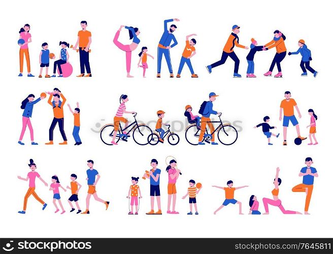 Family sport fitness icon set of flat isolated characters of parents doing sports with their children vector illustration