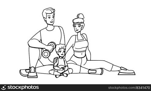 family sport line pencil drawing vector. happy healthy, child mother, lifestyle father, son exercise, active woman, together kid family sport character. people Illustration. family sport vector
