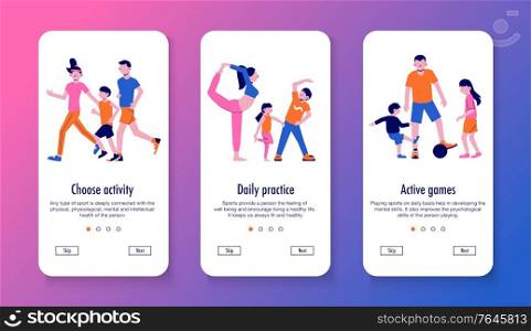 Family sport set of three vertical banners with human characters editable text and page switch buttons vector illustration