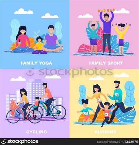 Family Sport Time Flat Cartoon Cards Set. Parents and Children Running Marathon, Cycling, Doing Yoga and Dumbbells Exercises. Recreation Together. Healthy Lifestyle Motivation. Vector Illustration. Active Family Sport Time Flat Cartoon Cards Set