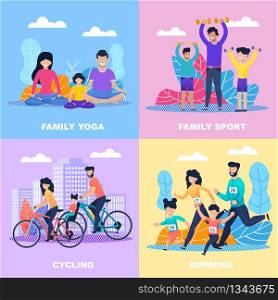 Family Sport Time Flat Cartoon Cards Set. Parents and Children Running Marathon, Cycling, Doing Yoga and Dumbbells Exercises. Recreation Together. Healthy Lifestyle Motivation. Vector Illustration. Active Family Sport Time Flat Cartoon Cards Set