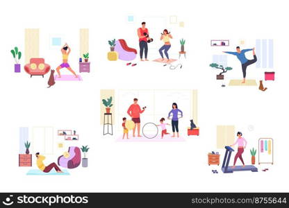 Family sports stretching. Diverse position of sport exercise home workout characters, fit couple doing casa gym wellness kid with father practicing yoga, vector illustration. Sport family training. Family sports stretching. Diverse position of sport exercise home workout characters, fit couple doing casa gym wellness kid with father practicing yoga, garish vector illustration