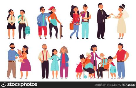 Family stages. Cartoon men play with children, steps of couple to marriage. Different generation characters, husband and wife decent vector. Family couple husband and wife, woman and man illustration. Family stages. Cartoon men play with children, steps of couple to marriage. Different generation characters, happy husband and wife decent vector set