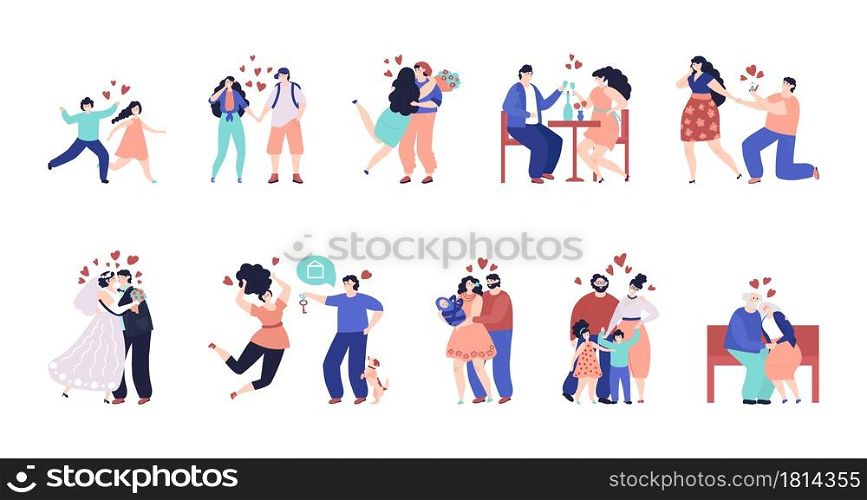 Family stages. Happy children, young people planning child. Ages couples, parents relationships marriage newborn decent vector set. Illustration happy family, boy and girl, grandmother and grandfather. Family stages. Happy children, young people planning child. Different ages couples, parents relationships marriage newborn decent vector set
