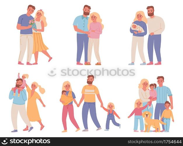 Family stages. Love couple relationship, marriage, pregnant woman, parents and newborn baby, mom, dad and kid. Family development vector set. Illustration parent mother father, marriage together. Family stages. Love couple relationship, marriage, pregnant woman, parents and newborn baby, mom, dad and kid. Family development vector set