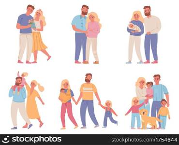 Family stages. Love couple relationship, marriage, pregnant woman, parents and newborn baby, mom, dad and kid. Family development vector set. Illustration parent mother father, marriage together. Family stages. Love couple relationship, marriage, pregnant woman, parents and newborn baby, mom, dad and kid. Family development vector set