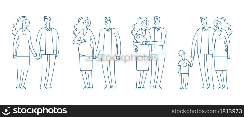 Family stages. Young couple, pregnancy parenthood. Adult man woman from dating to children. Happy parents vector illustration. Family couple with baby, father and motherhood together. Family stages. Young couple, pregnancy parenthood. Adult man woman from dating to children. Happy parents vector illustration