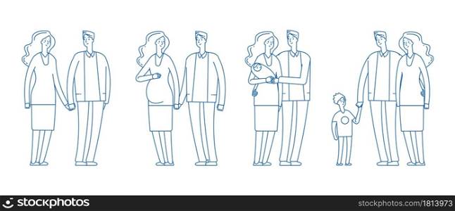 Family stages. Young couple, pregnancy parenthood. Adult man woman from dating to children. Happy parents vector illustration. Family couple with baby, father and motherhood together. Family stages. Young couple, pregnancy parenthood. Adult man woman from dating to children. Happy parents vector illustration