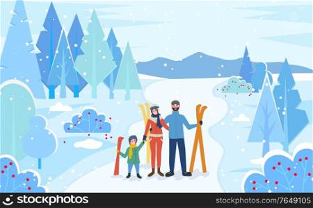 Family stand together in winter snowy forest. Mother, father and child with skis. People ready to go skiing on downhill. Parents spend time with kid doing wintertime activity. Vector illustration. Family Stand with Skis in Forest, Winter Skiing