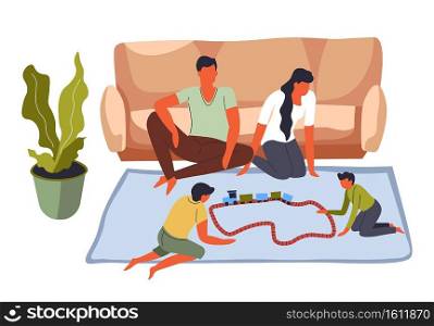 Family staying at home, mother and father watching kids game with toy trains at railway station. Interior of living room with sofa, carpet and decorative plant. Parents and kids vector in flat style. Parents watching children play toy railway station vector