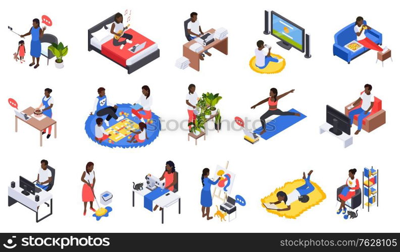 Family staying home playing with kids sewing cooking reading working distantly learning drawing isometric set vector illustration