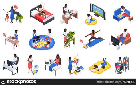 Family staying home playing with kids sewing cooking reading working distantly learning drawing isometric set vector illustration