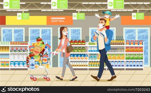 Family Stocks Groceries During a City Pandemic. Parents with their Son at Grocery Store Make Large Purchases Goods. Woman with Cart Full Groceries. Masked People Due to Spread Coronavirus