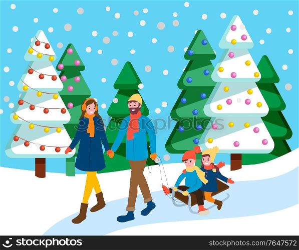 Family strolling in winter snowy forest. Mother and father holding hands outdoor in cold weather. Children sledding downhill together. Parents spend time actively with their kids. Vector in flat style. Couple With Kids Walking in Winter Forest Together