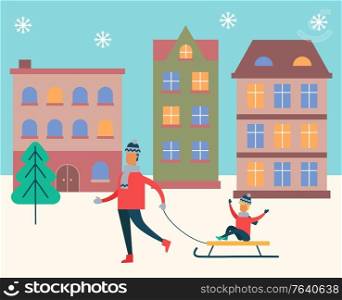 Family strolling together in winter snowy lawn. Father rides his child on vector sled. People walking in warm clothes like hat and scarf, overcoat. City living building on background, minimalism. Father Rides Kid on Sled, Snowy Winter Cityscape