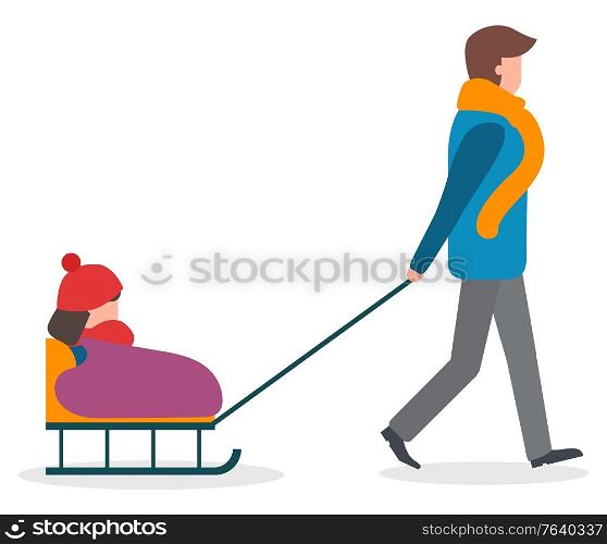 Family strolling together outside in winter. Walk of parent and child. Man rides his kid on vector sled. People in warm clothes like scarf and hat, overcoat. Father and daughter spend time outdoor. Parent and Child Walking Outdoor, Child on Sleigh