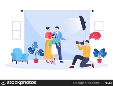 Family Studio Photo Flat Design. Photographer Shooting Model Father, Mother and Son Making Photoshoot use Camera. Cartoon Style Vector Illustration