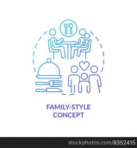 Family-style restaurant blue gradient concept icon. Dining experience abstract idea thin line illustration. Large meal portions. Table service. Isolated outline drawing. Myriad Pro-Bold font used. Family-style restaurant blue gradient concept icon