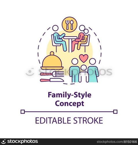 Family-style restaurant concept icon. Dining service abstract idea thin line illustration. Large meal portions. Isolated outline drawing. Editable stroke. Arial, Myriad Pro-Bold fonts used. Family-style restaurant concept icon