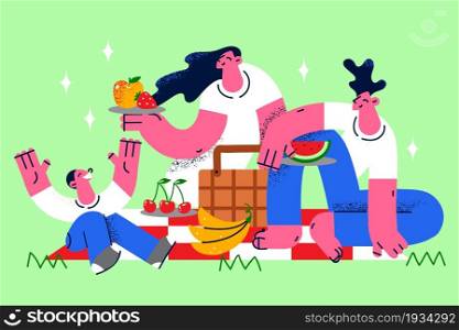 Family summer activities and leisure concept. Young family father mother and son relaxing on ground at picnic having fun with fresh fruits enjoying time together vector illustration . Family summer activities and leisure concept.