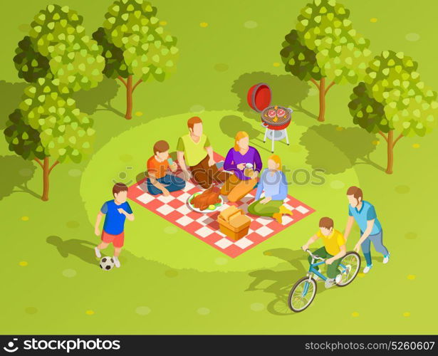 Family Summer Countryside Picnic Isometric View . Family summer holiday countryside style brunch picnic with bbq and riding bike siblings isometric podter vector illustration