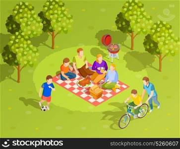 Family Summer Countryside Picnic Isometric View . Family summer holiday countryside style brunch picnic with bbq and riding bike siblings isometric podter vector illustration