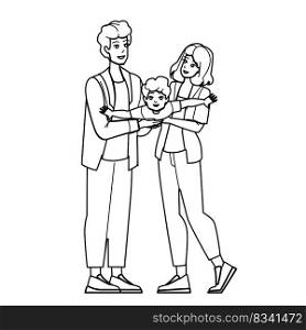 family summer line pencil drawing vector. happy fun, child father, young mother, vacation woman, joy beach, lifestyle family summer character. people Illustration. family summer vector