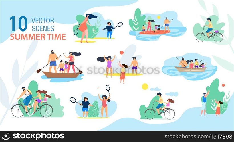 Family Summer Time Scenes, Summer Vacation Activities Trendy Vector Set Isolated on White Background. Parents with Kids Sailing and Fishing from Boat, Riding Bike, Playing Active Games Illustration