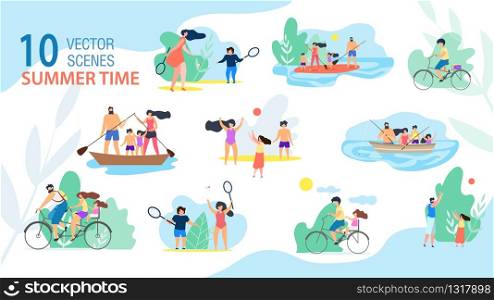 Family Summer Time Scenes, Summer Vacation Activities Trendy Vector Set Isolated on White Background. Parents with Kids Sailing and Fishing from Boat, Riding Bike, Playing Active Games Illustration