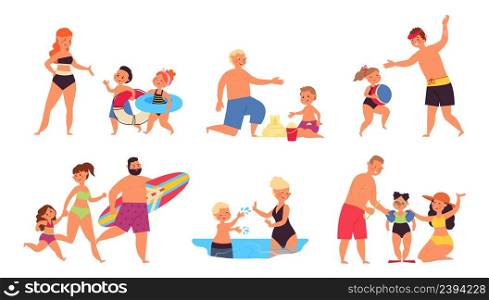 Family summer vacation. Dad relaxed, ocean happy holidays. Mother father and children on beach. Cartoon people walking and swimming, decent vector set. Illustration of summer vacation. Family summer vacation. Dad relaxed, ocean happy holidays. Mother father and children on beach. Cartoon people walking and swimming, decent vector set