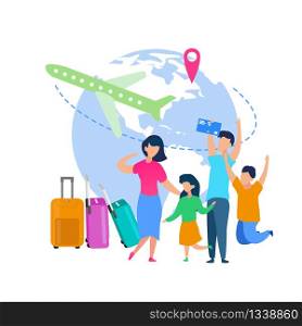Family Summer Vacation Trip Flat Vector Concept with Happy Parents with Kids Making Traveling around World by Plane, Buying Airline Tickets, Celebrating Arriving to Journey Destination Illustration