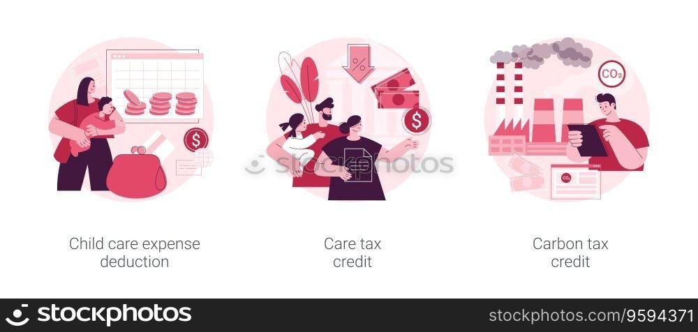 Family support abstract concept vector illustration set. Child care expense deduction, care and carbon tax credits, taxable income, family budget, bank transfer, paycheck abstract metaphor.. Family support abstract concept vector illustrations.