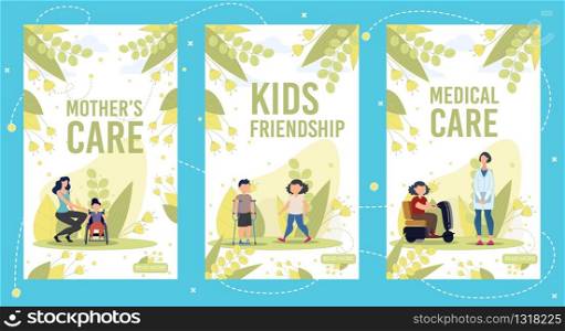 Family Support and Care, Friendship Relationships, Medical Help for Disabled Children Trendy Flat Vector Vertical Web Banners, Landing Pages Templates Set. Happy Kids with Disabilities Illustration