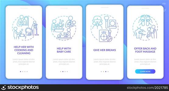 Family support during pregnancy onboarding mobile app page screen. Baby care walkthrough 4 steps graphic instructions with concepts. UI, UX, GUI vector template with linear color illustrations. Family support during pregnancy onboarding mobile app page screen
