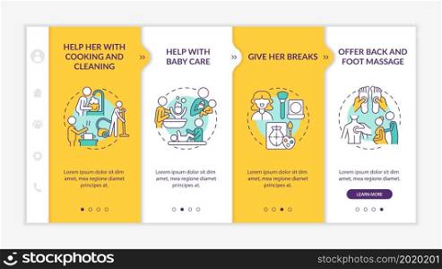 Family support during pregnancy onboarding vector template. Responsive mobile website with icons. Web page walkthrough 4 step screens. Help her with cooking color concept with linear illustrations. Family support during pregnancy onboarding vector template