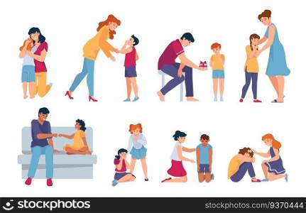 Family support. Parents and friends comforting and hugging crying kids. Adults console sad children. Sympathy for people in grief vector set. Illustration support upset people, character relationship. Family support. Parents and friends comforting and hugging crying kids. Adults console sad children. Sympathy for people in grief vector set